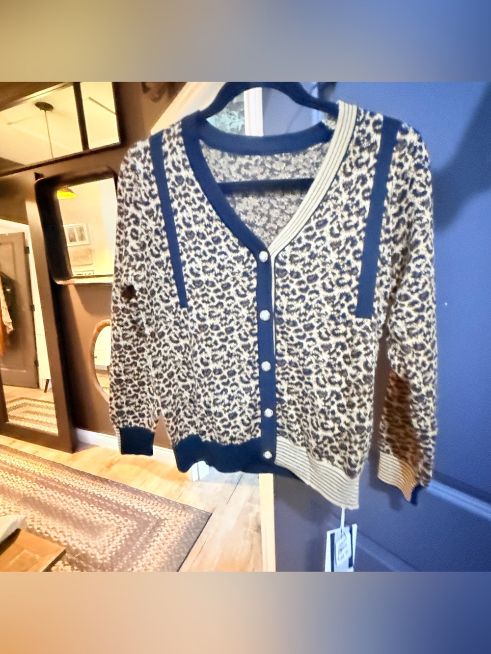 Leopard-Print Button Cardigan Sweater in Navy and Cream tags say S-L